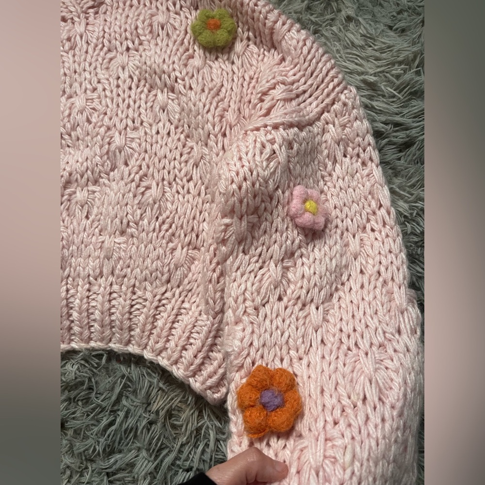 Beulahstyle Pink Chunky Crochet Sweater OS Oversized 3D Flower Knit Pullover - Picture 4 of 6